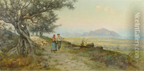 Shepherd Couple Before A Coastal Landscape Oil Painting - Erminio Kremp