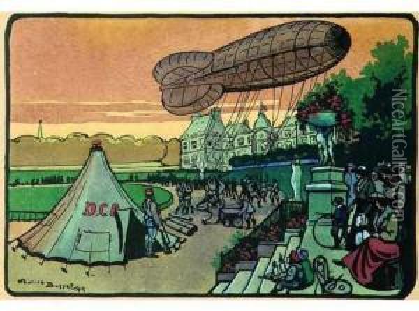 [sirenes Sur Notre-dame ; Le Canon Devant La Tour Eiffel ; Zeppelinet Camp De La D Oil Painting - Maurice Busset