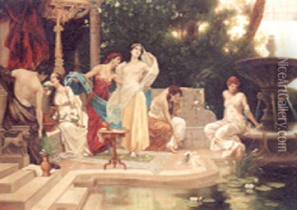 Bathing Beauties In An Oriental Garden Oil Painting - Victor Mueller