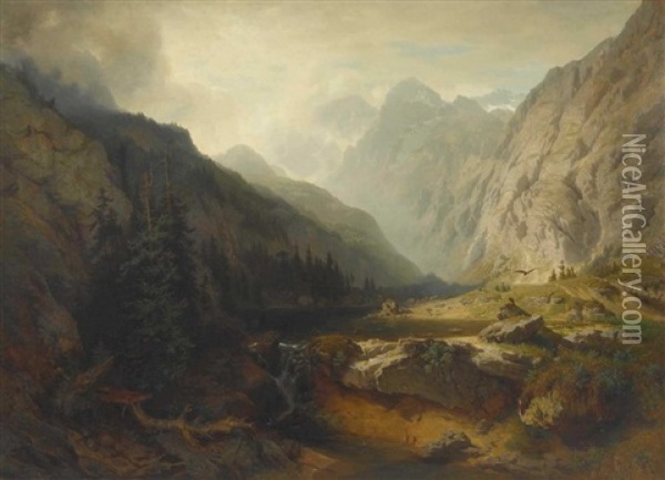 Gebirgslandschaft Mit Zwei Raubvogeln Am Fluss Oil Painting - Julius Rollmann