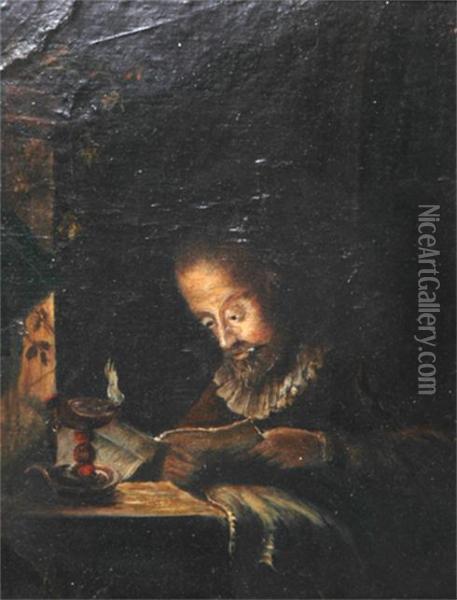 A Man Reading By Candlelight Oil Painting - M. Adams