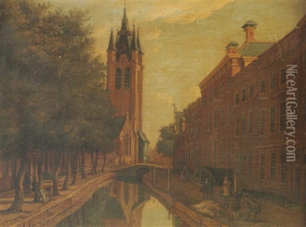 Delft, A View Of Oude Delft Looking South Towards The Oude Kerk Oil Painting - Paulus Constantijn la (La Fargue) Fargue