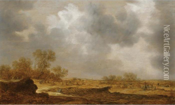 An Extensive Dune Landscape With
 A Peasant Woman Bailing Hay And Two Farmers Conversing To The Right Oil Painting - Jan van Goyen