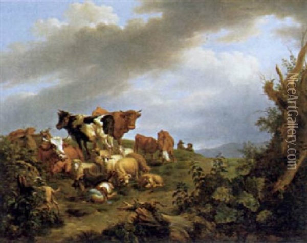 Rastende Hirten Mit Ihrer Herde Oil Painting - Pierre Louis De La Rive