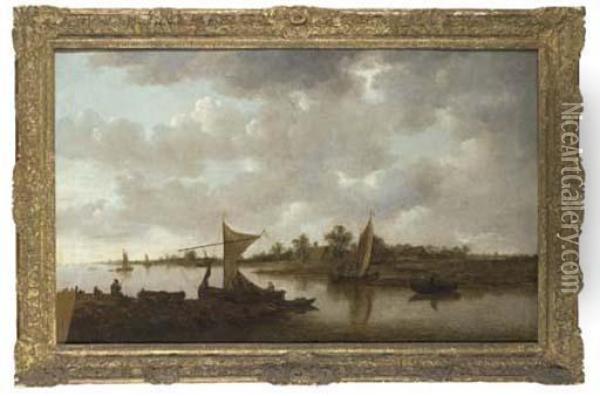 An Extensive River Landscape With Sailing Barges And Figures On Abank, Buildings Beyond Oil Painting - Jan van Goyen