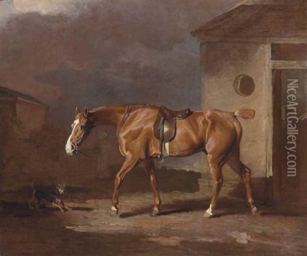 A Chestnut Hunter With A Terrier In A Courtyard, By A Stable Oil Painting - Benjamin Marshall