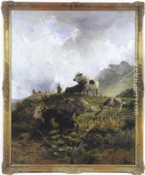 Vaches A L'herbage En Montagne Oil Painting - Hermann Baisch