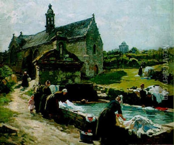 Bretonnes Au Lavoir Pres De La Chapelle Oil Painting - Henri Alphonse Barnoin
