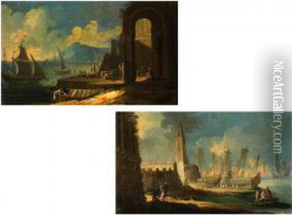 Italienische Fantasie-uferlandschaften Mit Handelsschiffen Bzw. Mit Kriegsschiffen Oil Painting - Michele Pagano