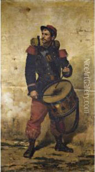 Le Tambour [; The Drummer; Oil On Canvas, Signed And Dated Lower Right 1883] Oil Painting - Jules Monge
