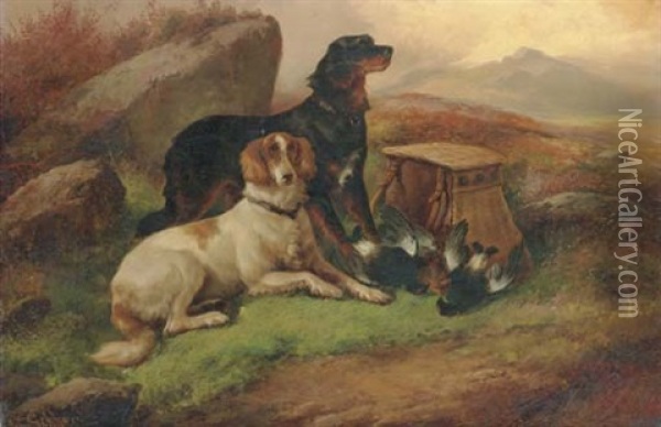 A Gordon And An English Setter With Black Game And Grouse On A Moor Oil Painting - John Gifford