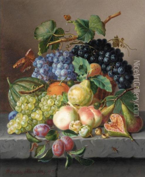 Grapes And Other Fruit On A Ledge Oil Painting - Kaercher Amalie