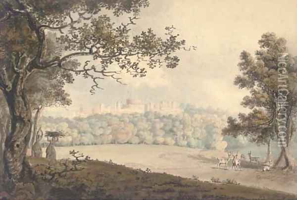 Deer grazing in the Great Park before Windsor Castle Oil Painting - Hugh William Williams