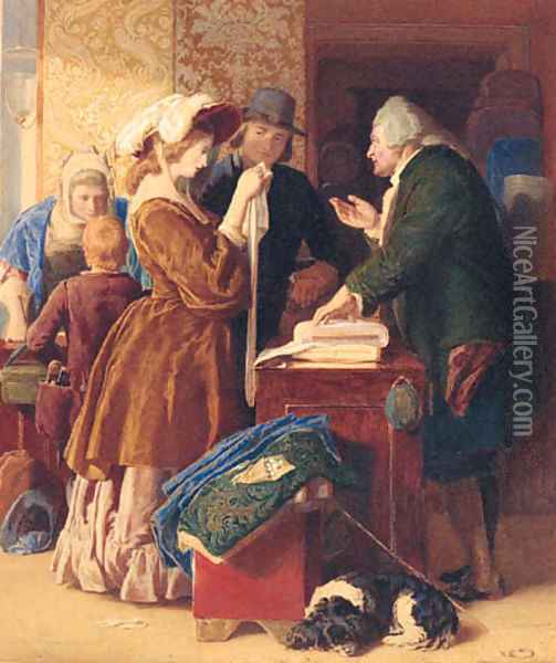 A visit to the Tailor Oil Painting - English School