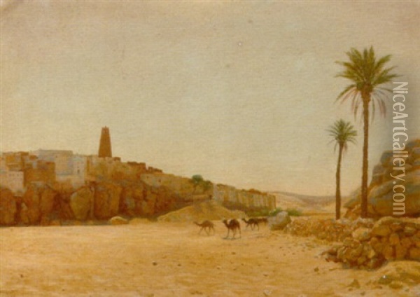 Camels Before A North-african Desert Village Oil Painting - August Johannes le Gras