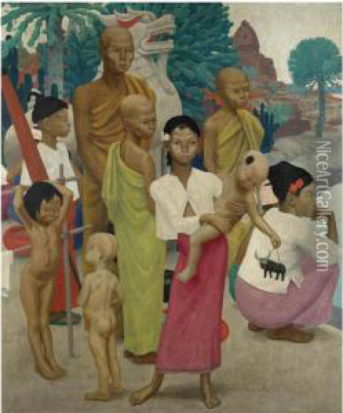 A Buddist Family Oil Painting - Ernest Procter