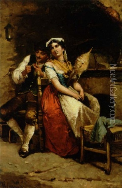 Interior Med Et Spansk Par. Hun Holder En Ten, Han Stopper Sin Pibe Oil Painting - Eduardo Pelayo Fernandez