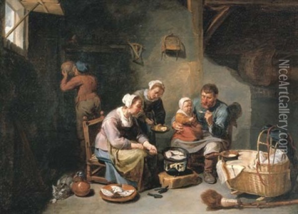 A Peasant Family Frying Fish In An Interior Oil Painting - Willem van Herp the Elder