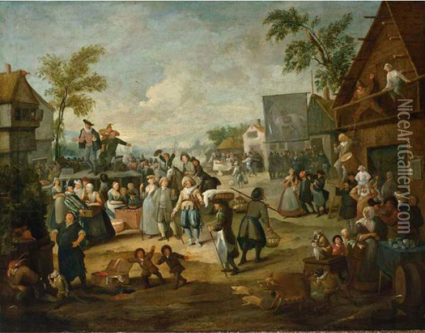 A Fair With A Quack Pulling Teeth In A Village Oil Painting - Egbert Ii Van Heemskerck