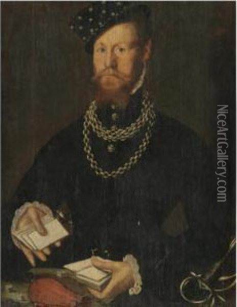 Portrait Of A Gentleman, Half Length, Wearing Black And Holding A Pack Of Cards Oil Painting - Steven van der Meulen