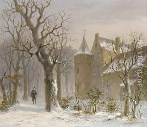 Sportsman in a snowy forest by a castle Oil Painting - Bartholomeus Johannes Van Hove