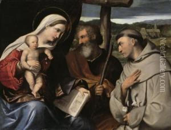 The Holy Family With Saint Anthony Of Padua Oil Painting - Alessandro Bonvicino (Moretto da Brescia)