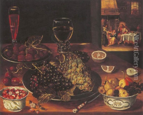 Grapes And Raspberries On Salvers, Strawberries, Apples And Cherries With A Wine Glass And A Roemer, Christ With Martha And Mary Beyond Oil Painting - Osias Beert the Elder