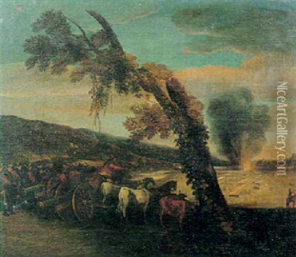 Cavalieri Ed Artiglieri Presso Una Fortificazione Assediata In Fiamme Oil Painting - Adam Frans van der Meulen