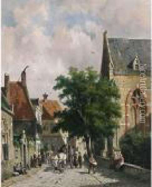 A Busy Street In A Dutch Town Oil Painting - Adrianus Eversen