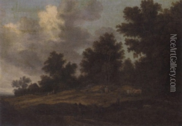 A Wooded Landscape With Peasants On A Path And Herdsman With Their Cattle Oil Painting - Pieter De Molijn