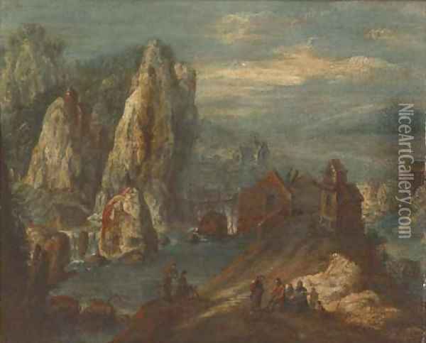 A Rhenish landscape with figures on a track, a bridge beyond Oil Painting - Jan Griffier I