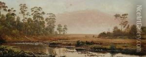 Attributed To James Haughton 
Forrest Tasmanianriver Scene Oil On Board 15 X 37.5 Cm Provenance: 
Purchasedtasmania C.1955 Private Collection Melbourne Oil Painting - H. Forrest