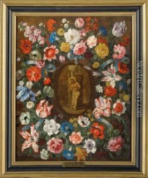 Couronne De Fleurs Entourant Le Christ Aux Liens Oil Painting - Daniel Seghers