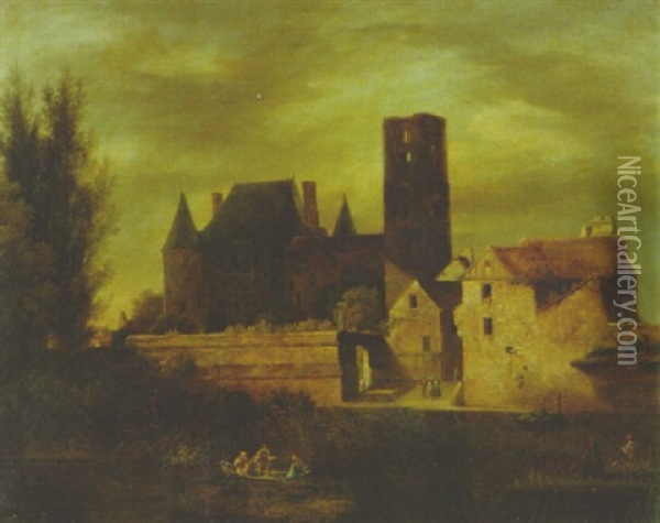 A Castle By A River Oil Painting - Jean Victor Bertin