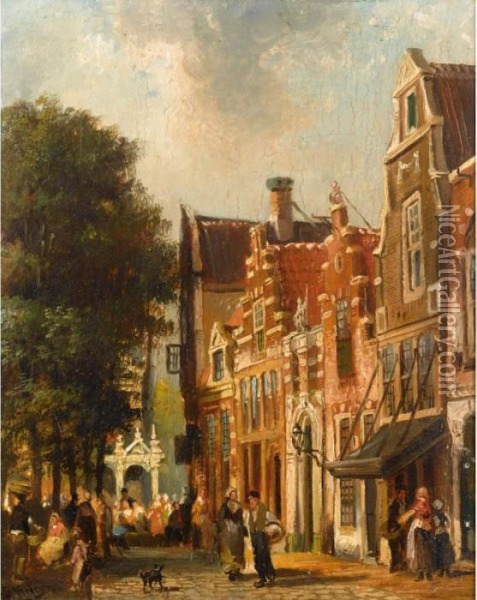 Villagers In The Streets Of A Dutch Town Oil Painting - Pieter Gerard Vertin