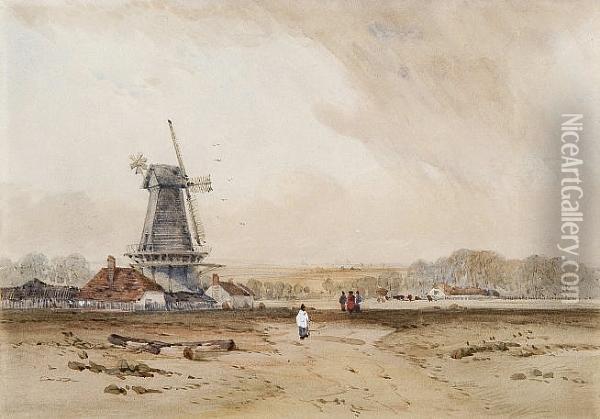 Figures By A Windmill Oil Painting - Thomas Lound