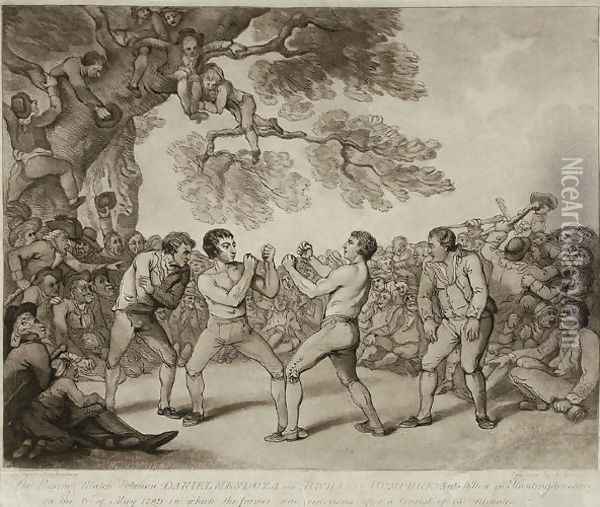 The Boxing Match between Daniel Mendoza and Richard Humphreys at Stilton, Huntingdonshire, 6th May 1789, engraved by Joseph Grozer c.1755-99 Oil Painting - Thomas Rowlandson