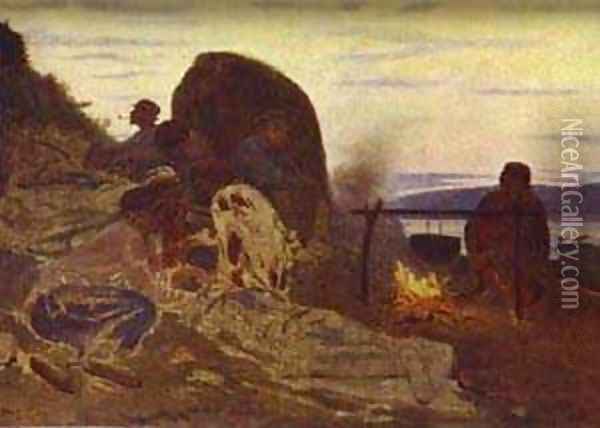 Barge Haulers By Campfire 1870 Oil Painting - Ilya Efimovich Efimovich Repin