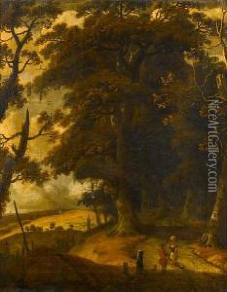 A Wooded Landscape With 
Travellers Conversingon A Hill, A Church Spire Beyond; And A Wooded 
Landscape Withtravellers On A Path, A Windmill Beyond Oil Painting - Jan Looten