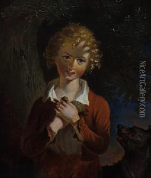 Young Boy With Dog And A Rescued Fledgling Oil Painting - William Mulready