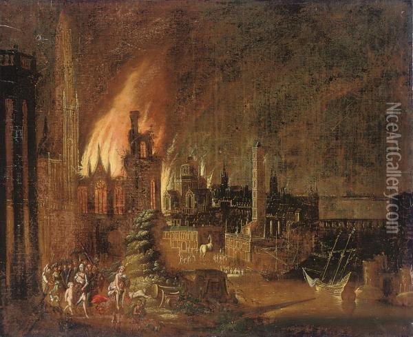Aeneas Fleeing Burning Troy With Anchises And Ascanius Oil Painting - Francois de Nome (Monsu, Desiderio)