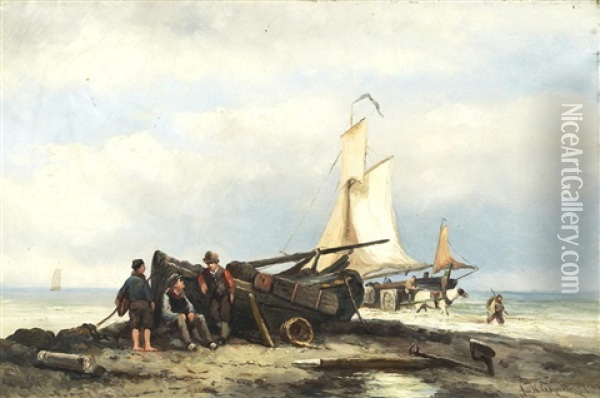 Fisherfolk On The Shore Oil Painting - Johannes Hermanus Barend Koekkoek