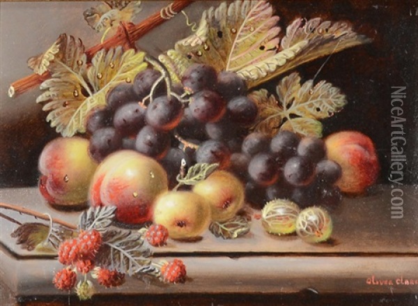 Still Life Of Peaches, Gooseberries, Grapes And Raspberries Oil Painting - Oliver Clare
