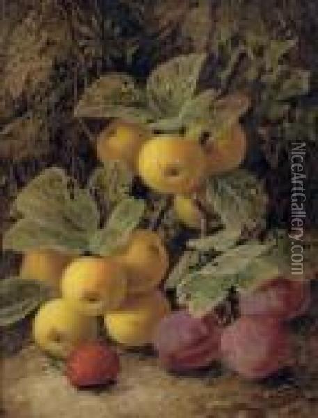Plums And A Strawberry; And Grapes, Green Plums And Strawberries Oil Painting - Oliver Clare