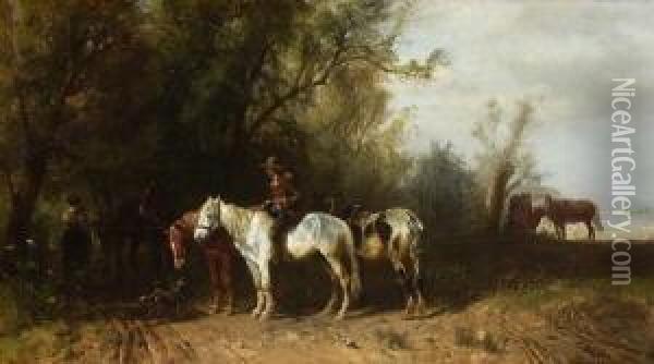 Bauern Mit Pferden Am
 Waldrand. Oil Painting - Ludwig Hartmann