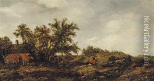 An Extensive Dune Landscape With Figures Resting, A Cottage Nearby Oil Painting - Pieter Jansz van Asch