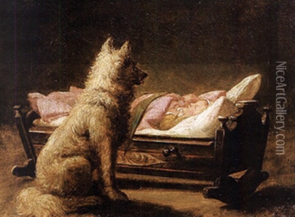 Ein Hund Bewacht Ein Schlafendes Kind In Der Wiege Oil Painting - Carl Friedrich Deiker