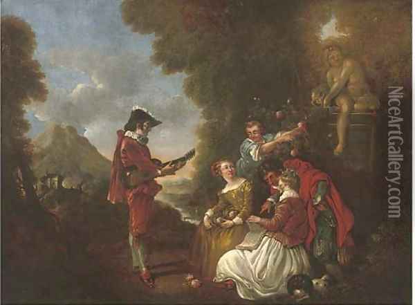 Elegant company in a landscape with a gentleman making music Oil Painting - Nicolas Lancret