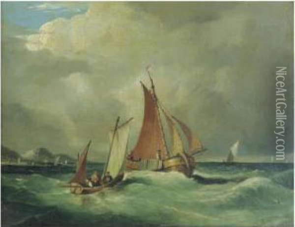 Fishing Boats On An Open Seas, Mountainous Coastline Beyond Oil Painting - Frederick Calvert