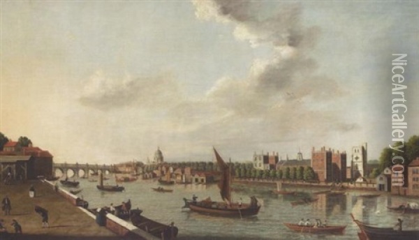 The Thames At Lambeth Palace, With St. Paul's Cathedral And Westminster Bridge Beyond, London Oil Painting - William James
